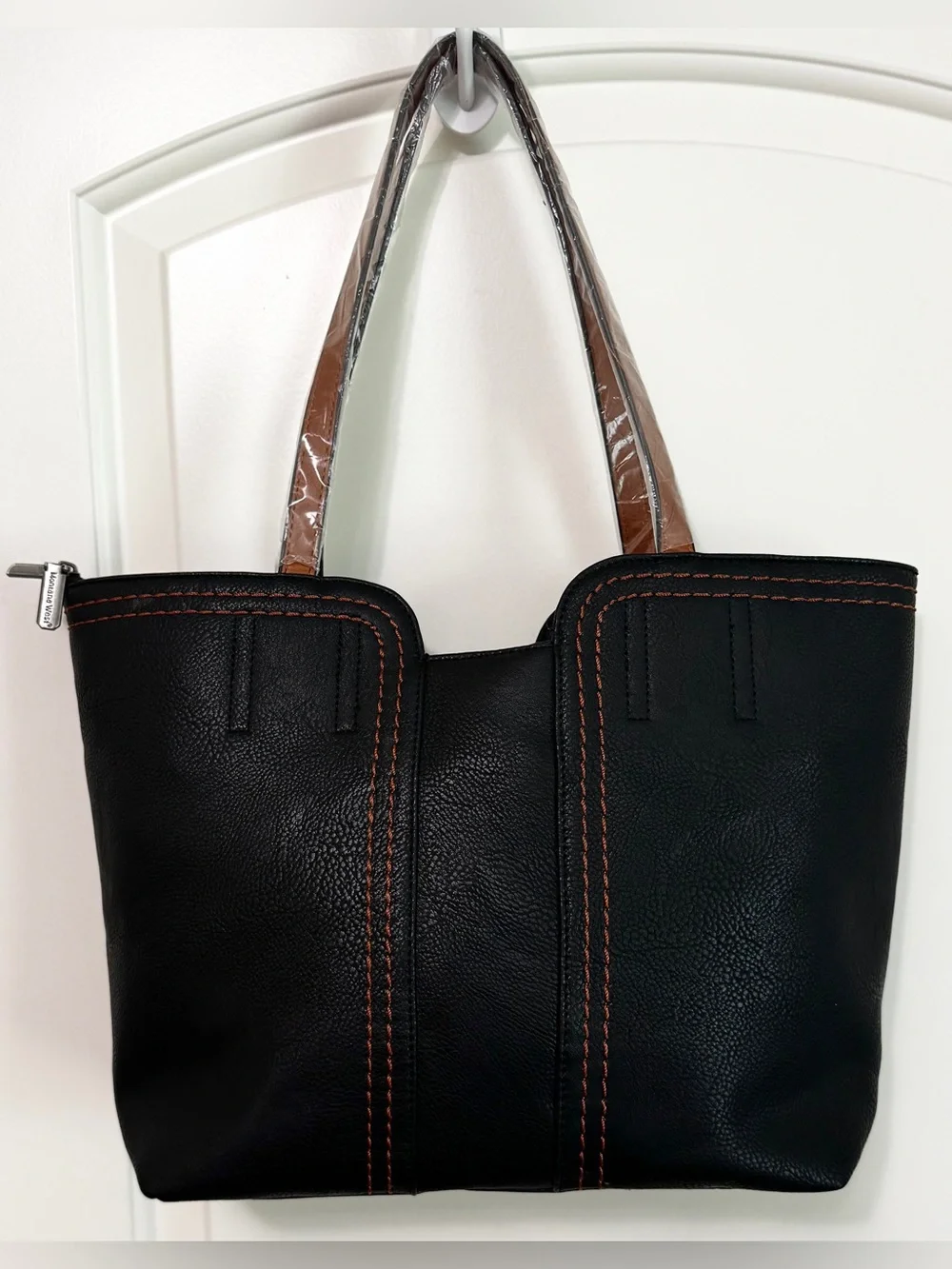 Montana West Black Tote Shoulder Bag Contrast Stitch Vegan Leather Zip Top - Picture 8 of 16